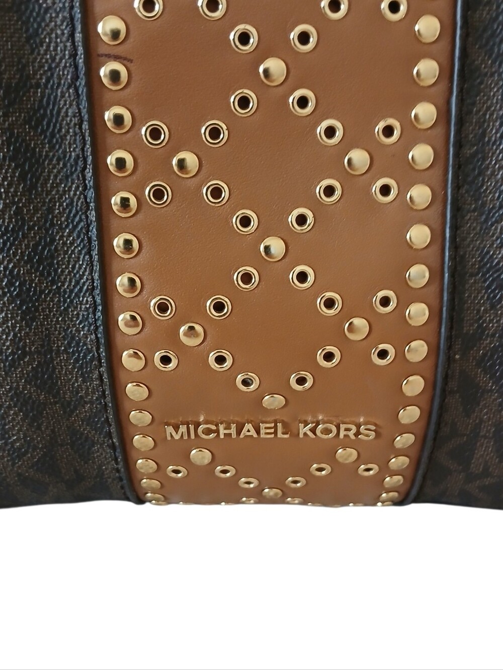 NWOT MICHAEL KORS Raven Large Signature Tote Grommets Studs Brown Tan Luxury - Picture 3 of 13
